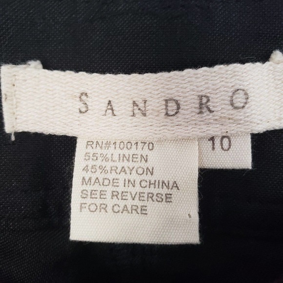 SANDRO Black Linen Pants Size 10 Mediu Pockets Belted Wide Leg Cropped Paper Bag - Picture 3 of 6